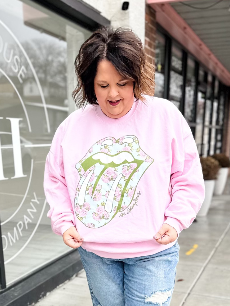 Rolling Stones Floral Lick Thrifted Sweatshirt - Pink