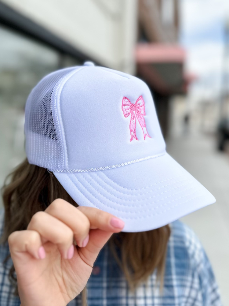 Coquette Bow Embroidery Trucker Hat - White