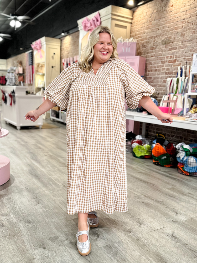 plus size brown gingham dress Jennah Midi 100% COTTON size-30w Brown Dress Captions Color:Bubblegum