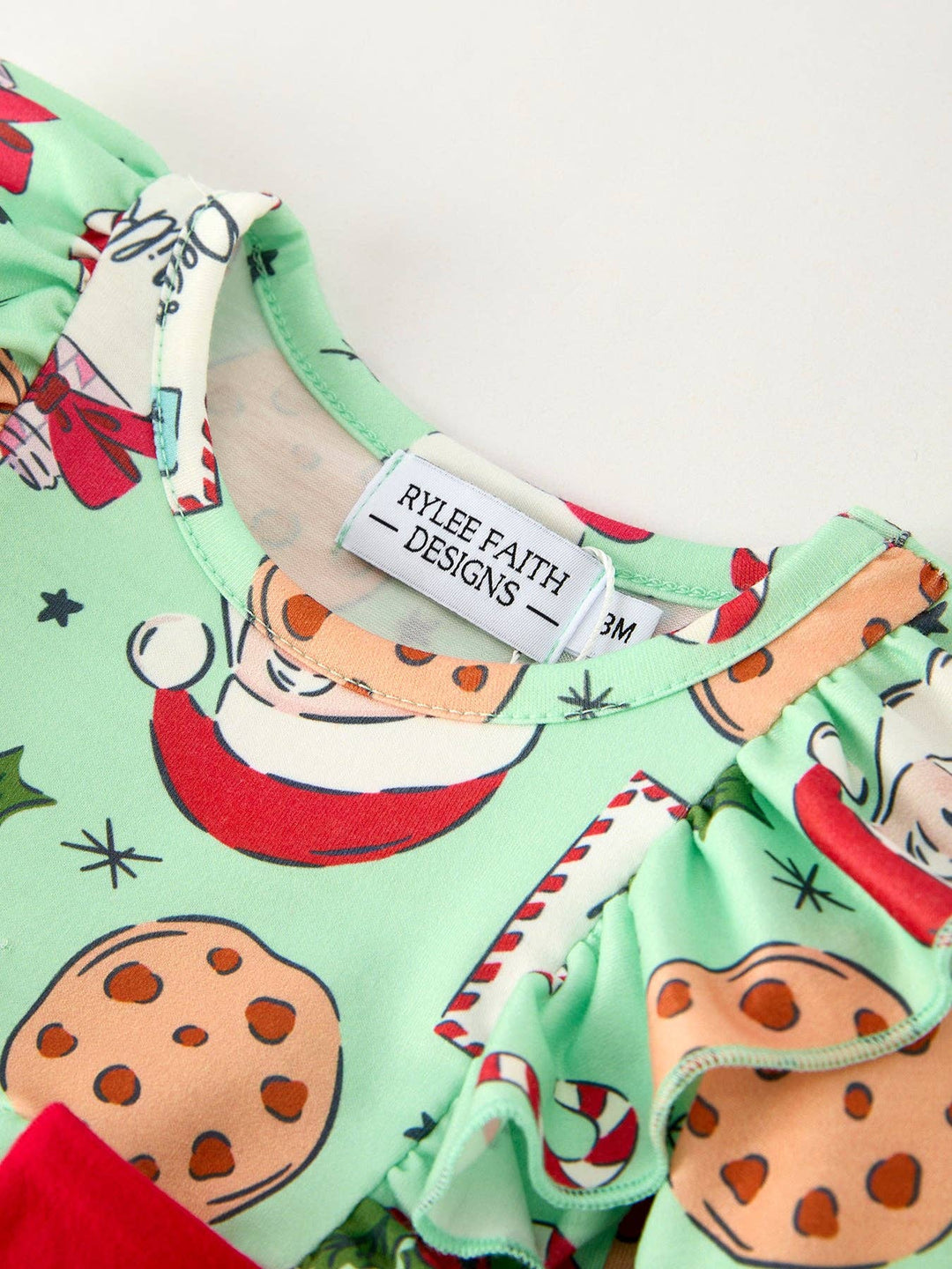Christmas Santa and Cookie Print Baby Girls Romper with Red Bow Detail