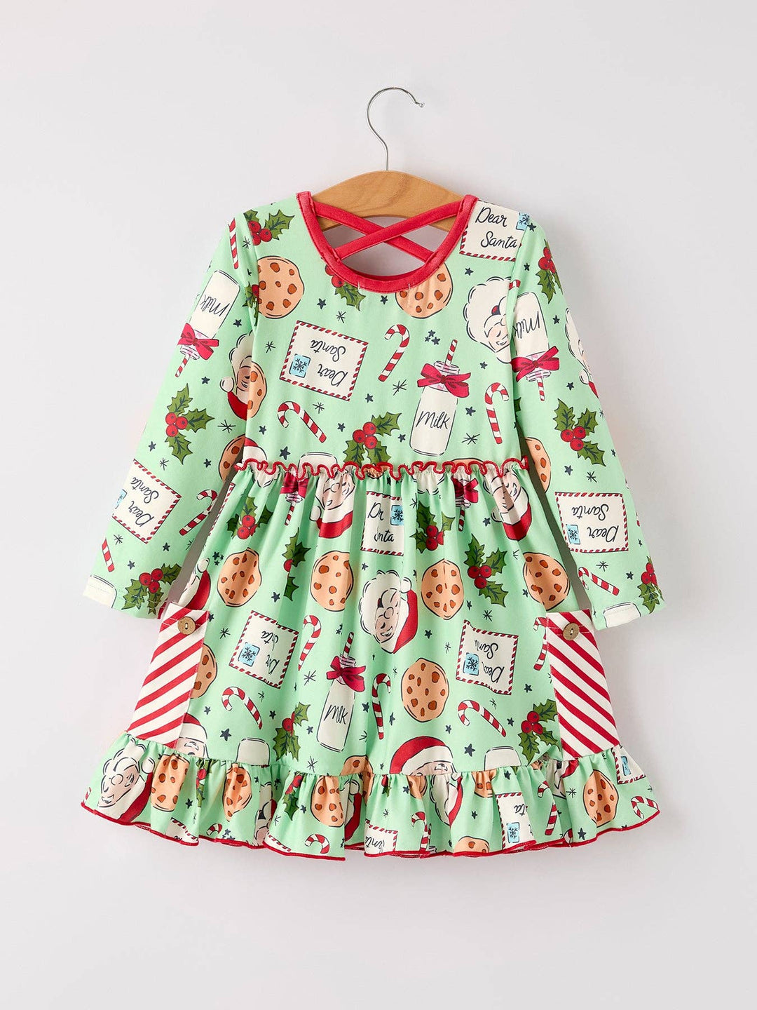 Winter Christmas Green Santa Girls Pocket Ruffle Dress