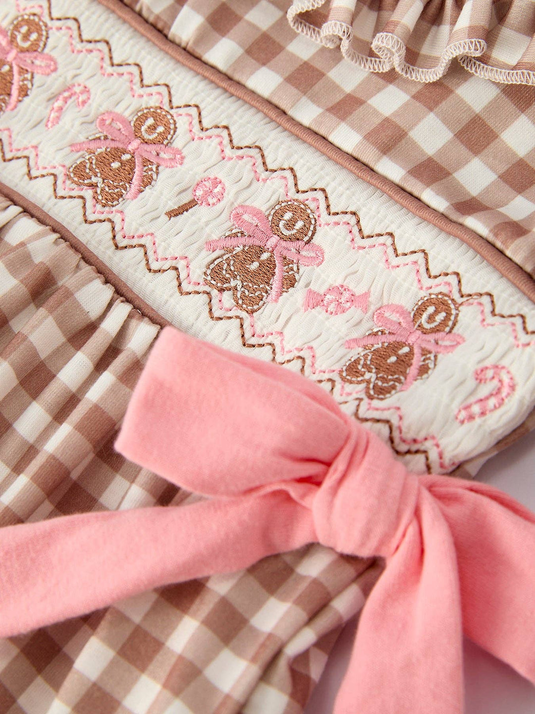 Christmas Vintage-Style Plaid Embroidered Gingerbread and Bows Girls Romper