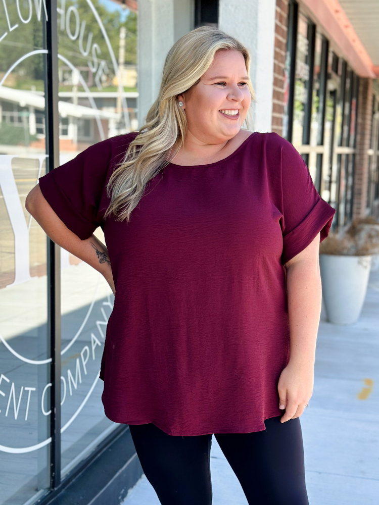The Mollie Basic Top with Cuffed Sleeves - Burgundy