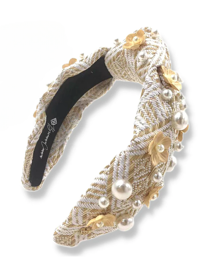 Brianna Cannon Headband - White & Tan Woven With Flowers & Pearls