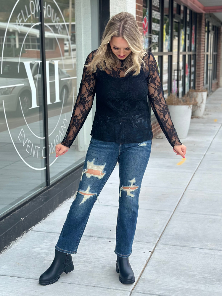 The Janie Lace Long Sleeve Top - Black