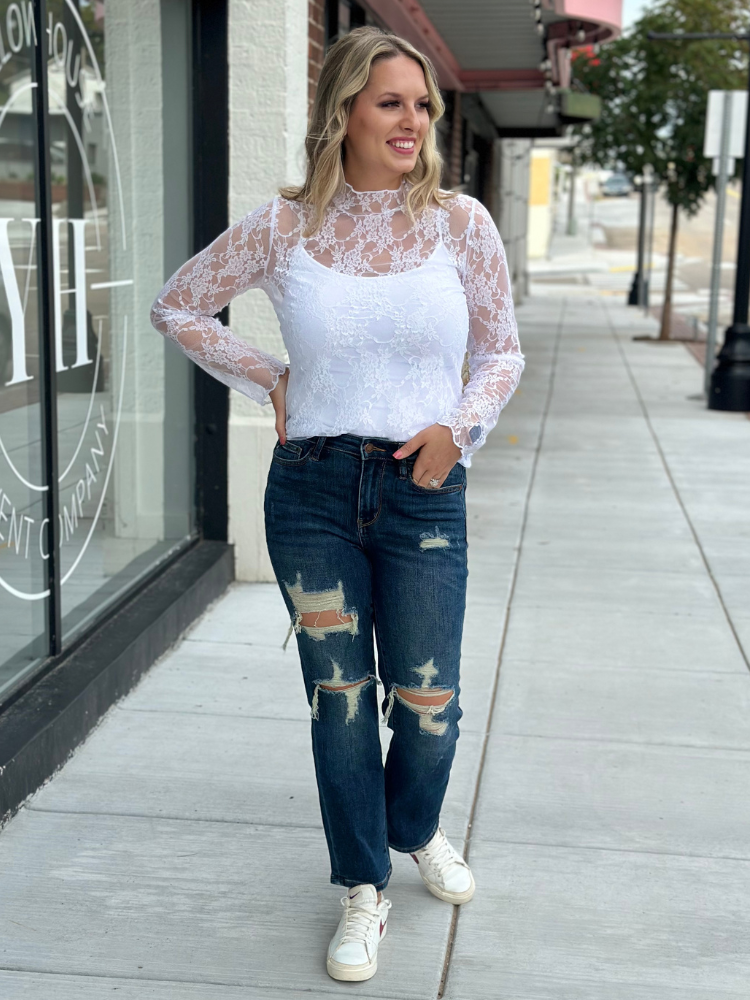 The Janie Lace Long Sleeve Top - White