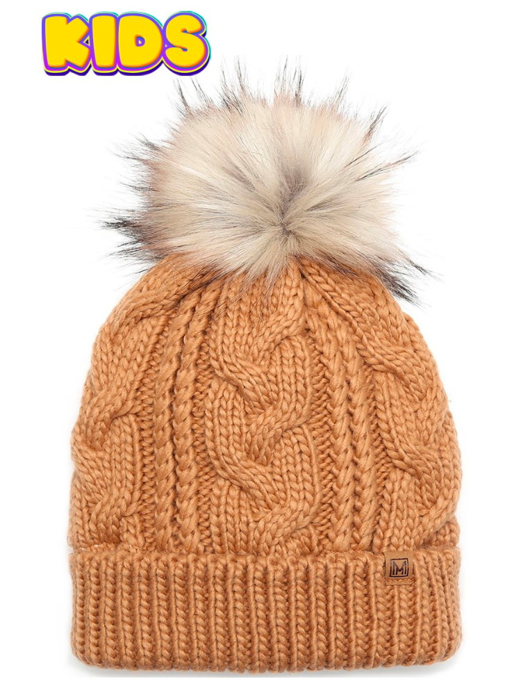 Kid's Cable Knitted Pom Beanie - Camel
