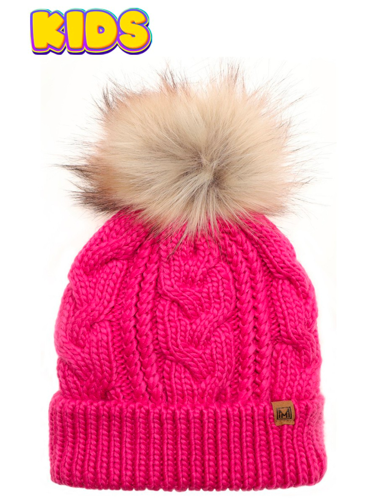 Kid's Cable Knitted Pom Beanie - Hot Pink