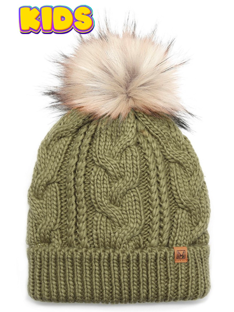 Kid's Cable Knitted Pom Beanie - Sage