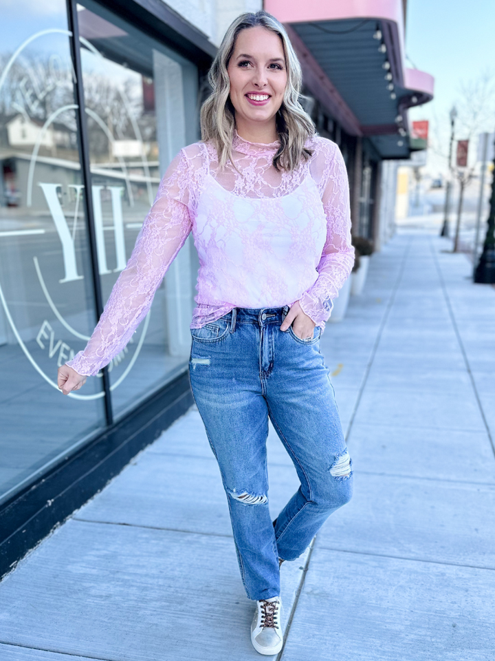 The Janie Lace Long Sleeve Top - Pink
