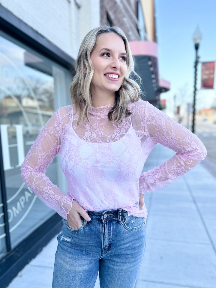 The Janie Lace Long Sleeve Top - Pink