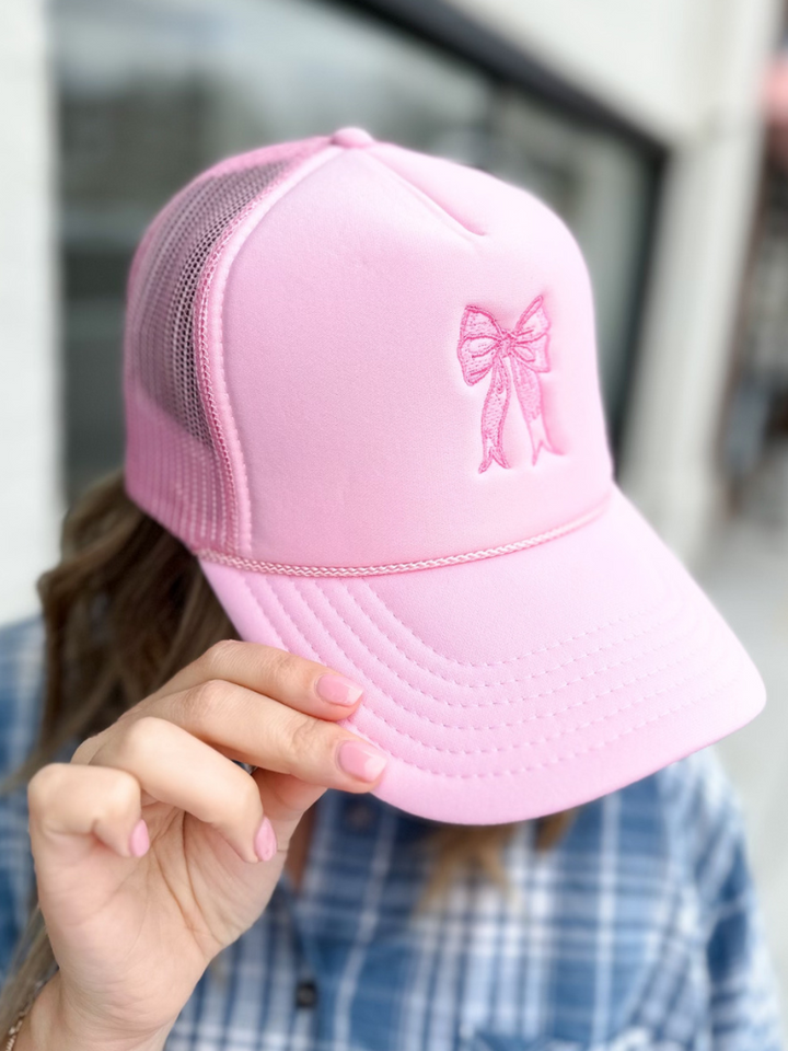 Coquette Bow Embroidery Trucker Hat - Pink