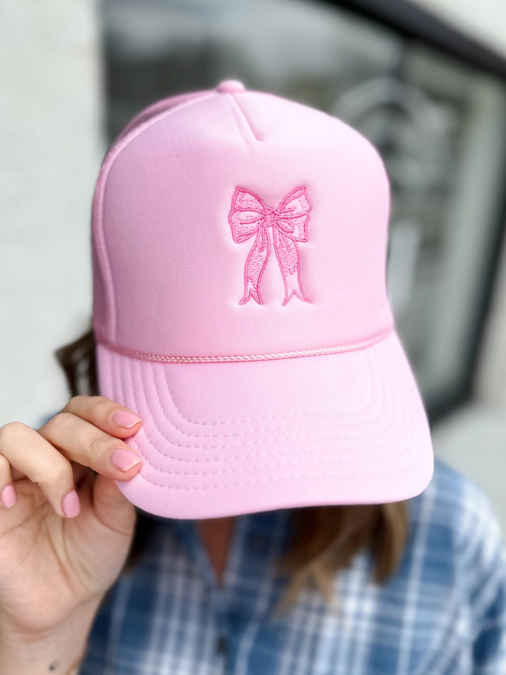 Coquette Bow Embroidery Trucker Hat - Pink