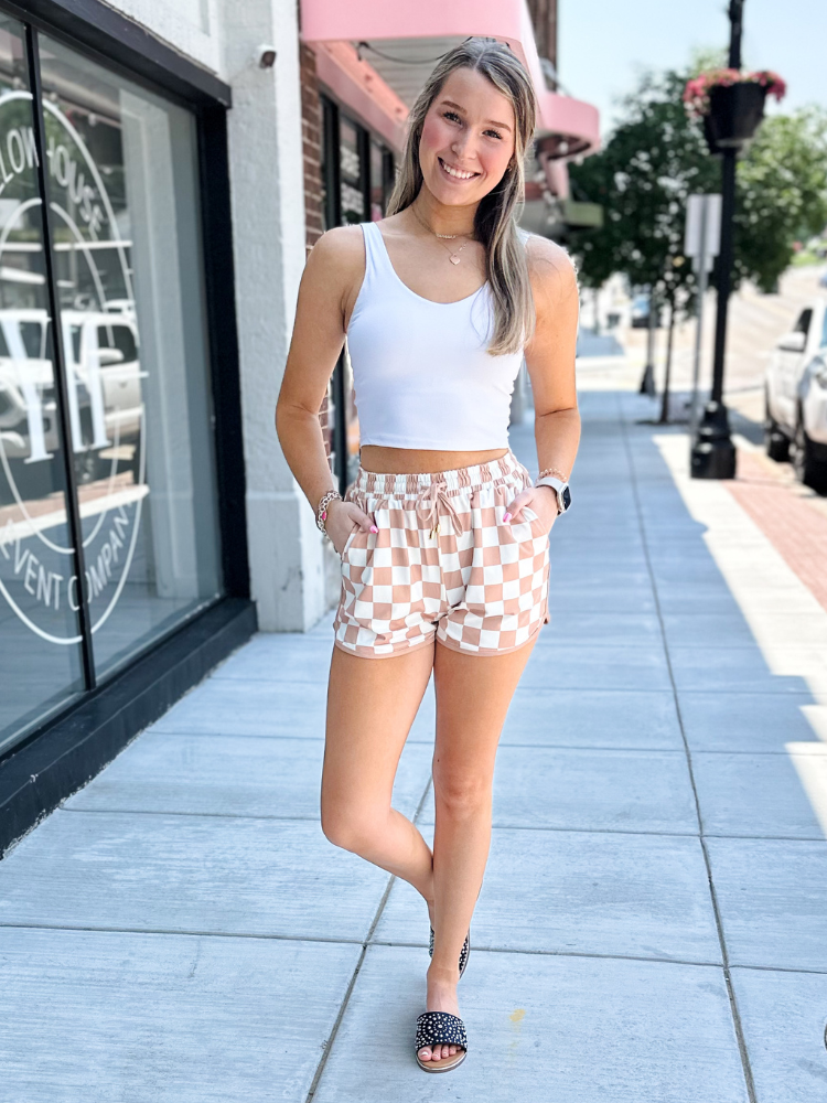 Drawstring Everyday Shorts - Your Move Neutral Checkered