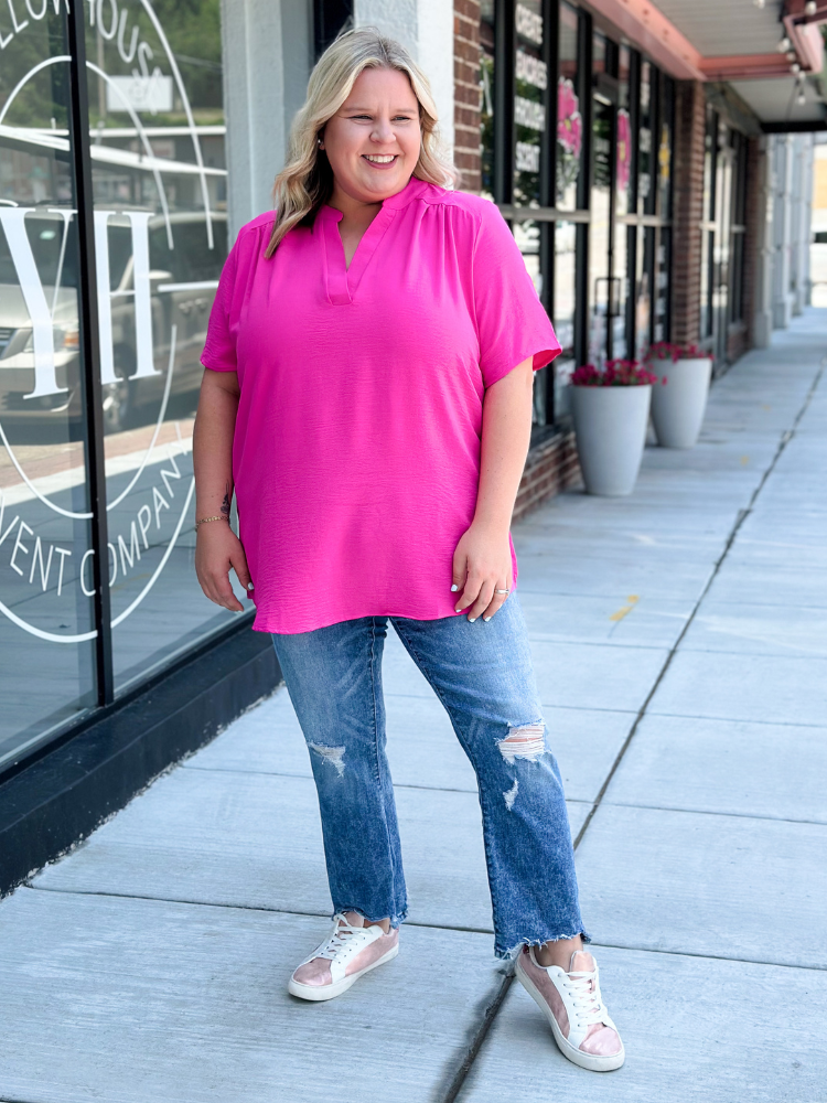 The Aubrey Collared V-Neck Basic - Hot Pink