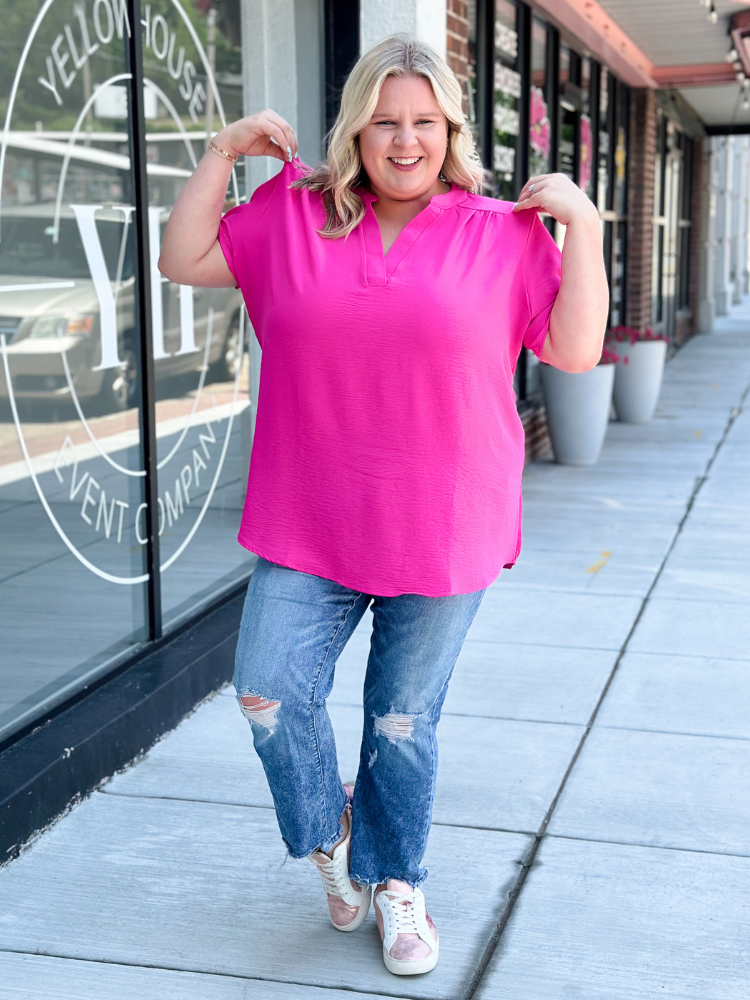 The Aubrey Collared V-Neck Basic - Hot Pink