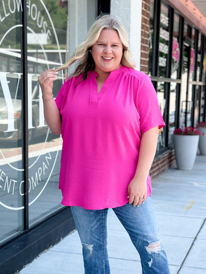 The Aubrey Collared V-Neck Basic - Hot Pink