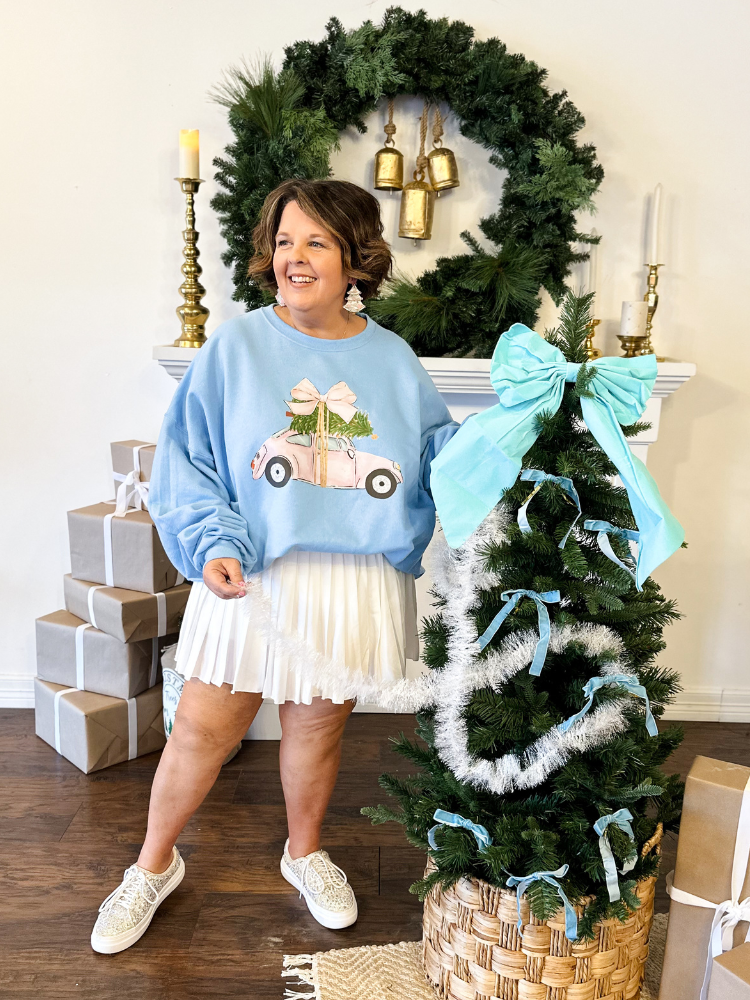 Pink Christmas Car Sweatshirt - Light Blue