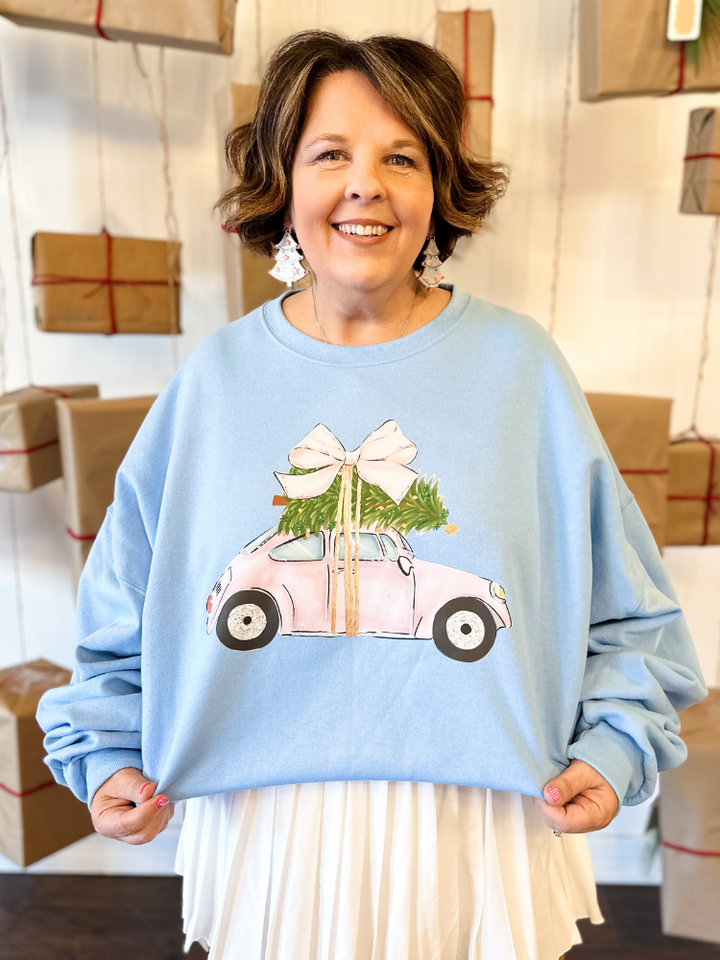 Pink Christmas Car Sweatshirt - Light Blue