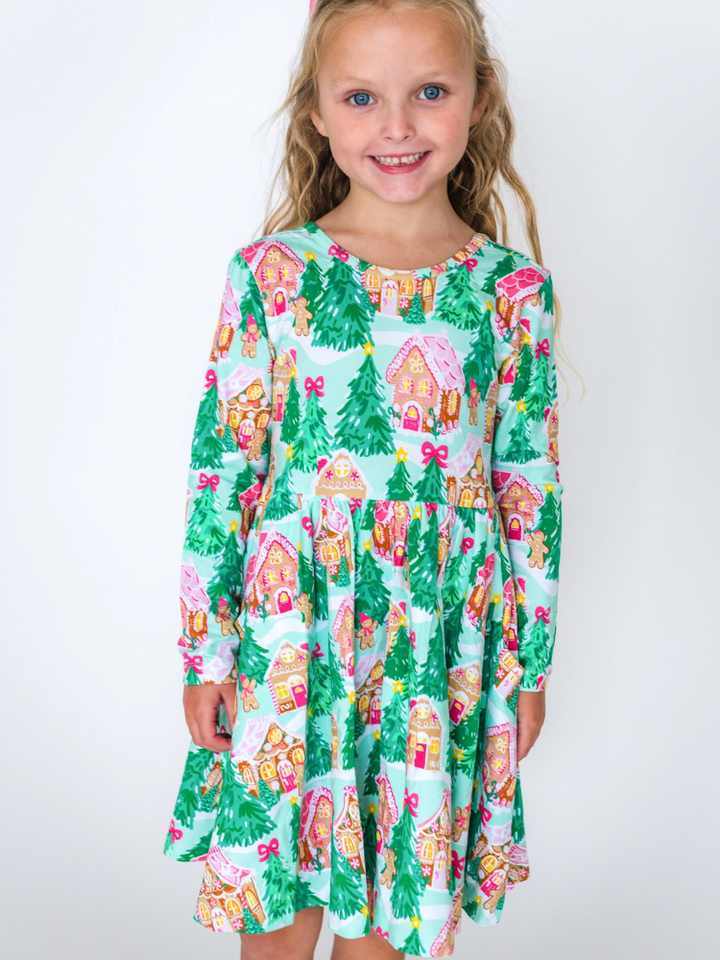 Girls Jolly Gingerbread Twirl Dress - Pink