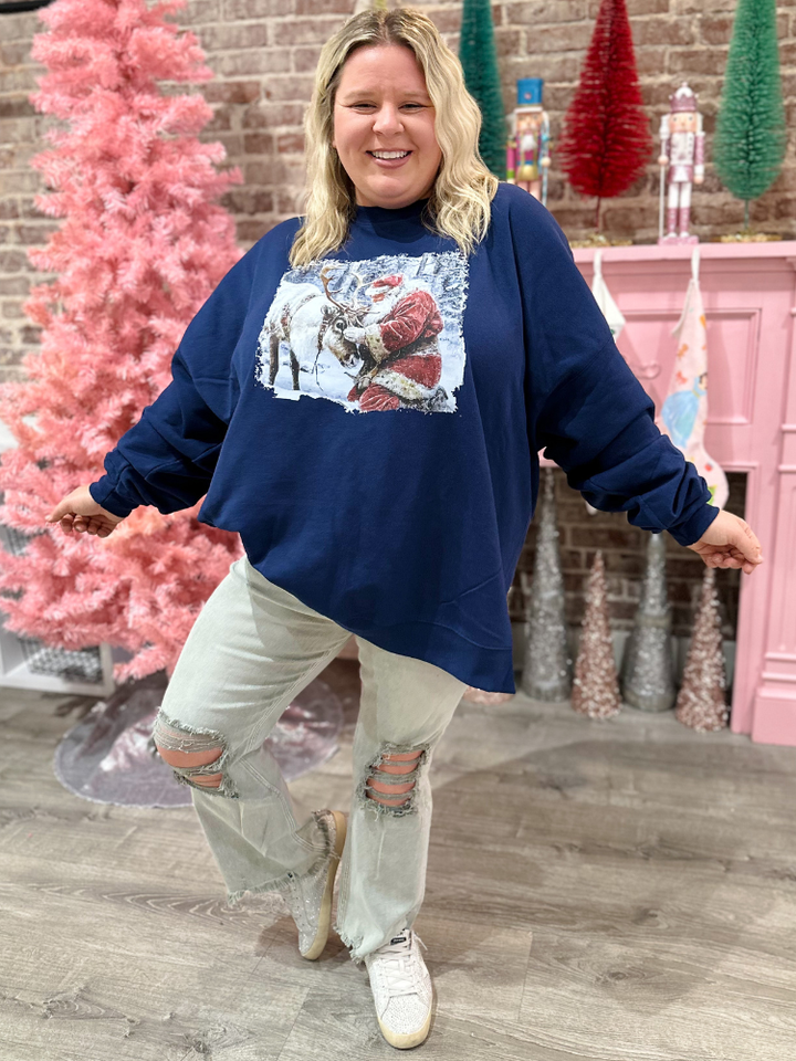 Distressed Santa & Reindeer Sweatshirt - Navy
