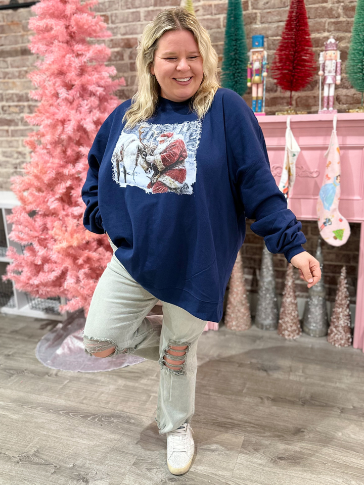Distressed Santa & Reindeer Sweatshirt - Navy