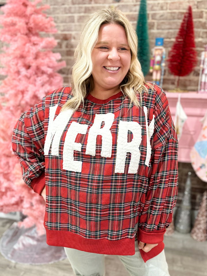 Merry Patched Sweatshirt - Christmas Plaid