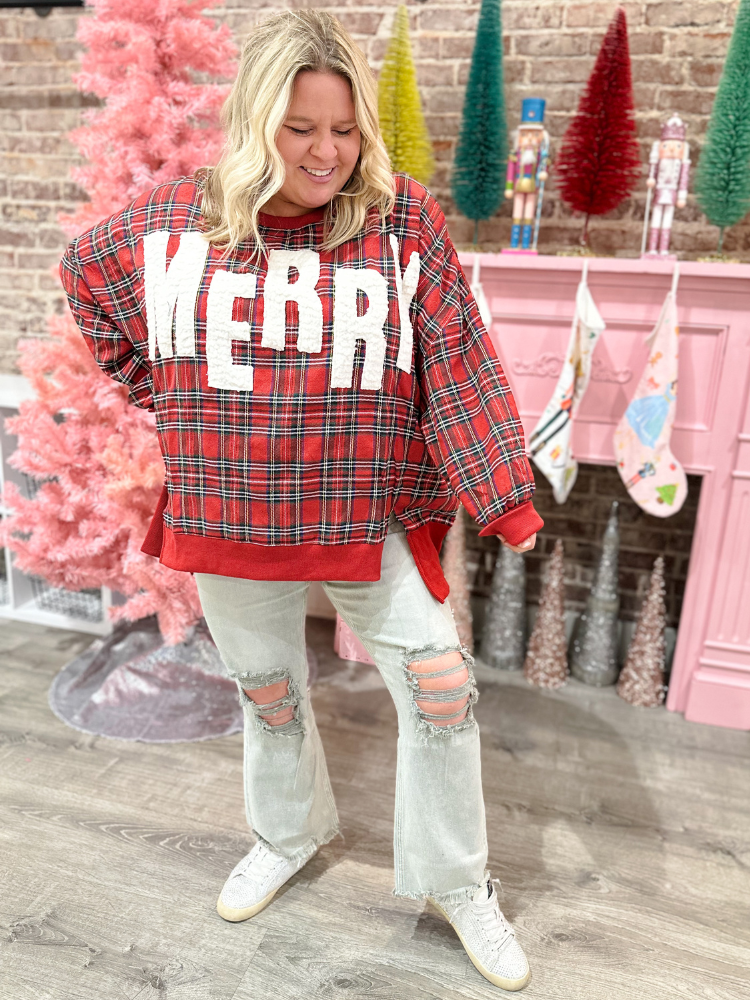 Merry Patched Sweatshirt - Christmas Plaid