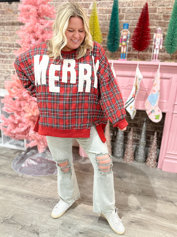 Merry Patched Sweatshirt - Christmas Plaid