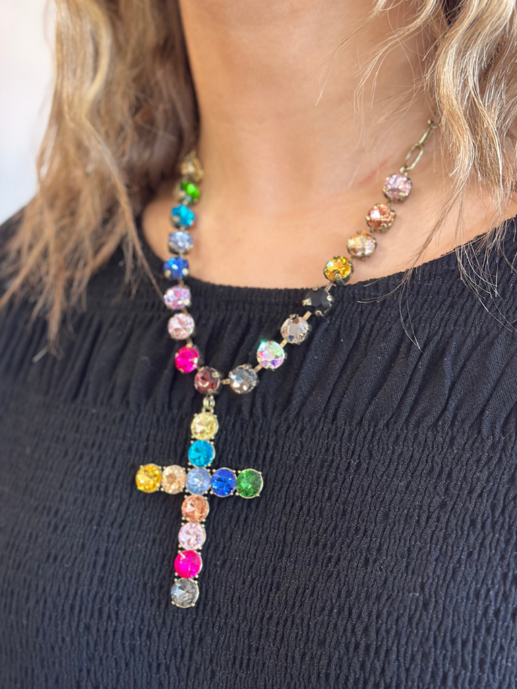 Multi Color Gemstone Cross Necklace