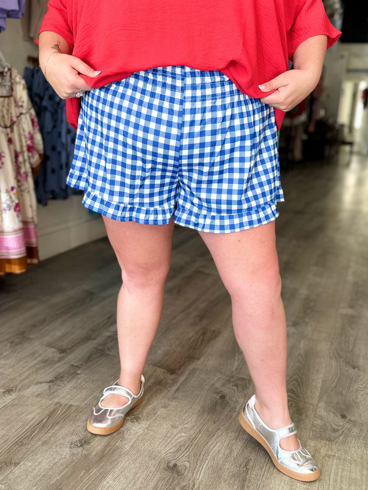 Sunny Strolls High Waisted Shorts - Blue Gingham
