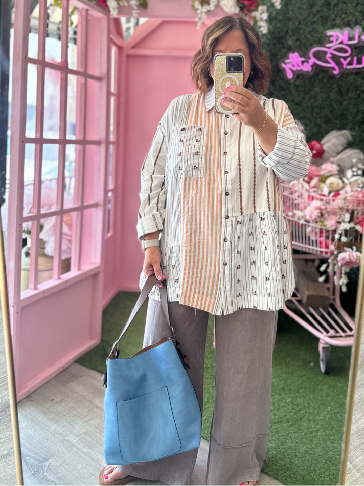 The Lia Button Down Top - Khaki Stripe
