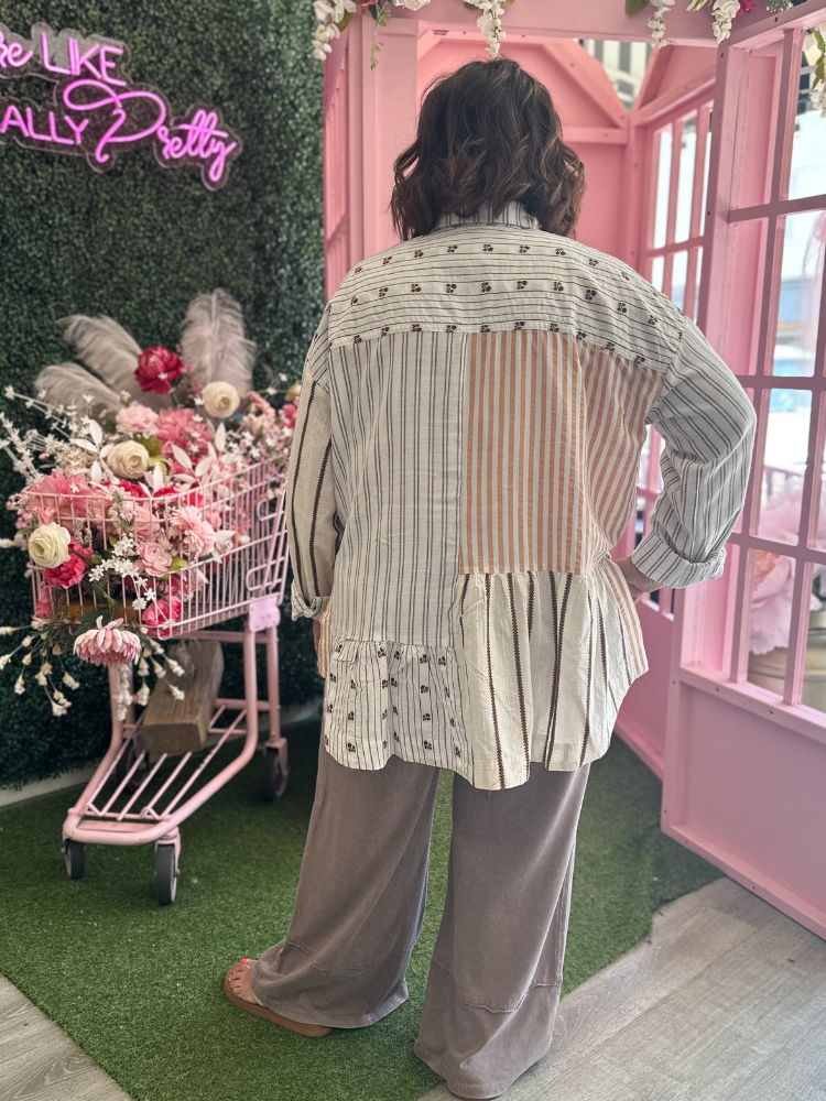 The Lia Button Down Top - Khaki Stripe