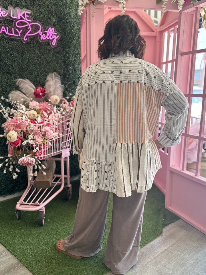 The Lia Button Down Top - Khaki Stripe