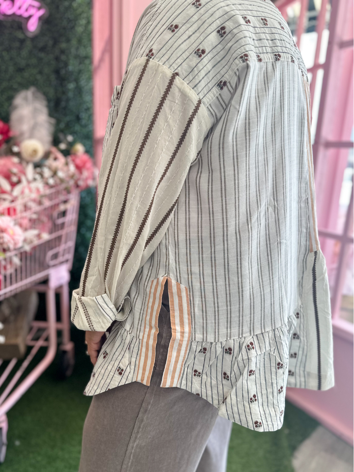 The Lia Button Down Top - Khaki Stripe