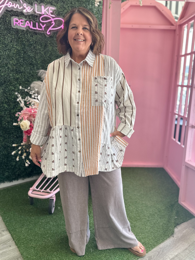 The Lia Button Down Top - Khaki Stripe