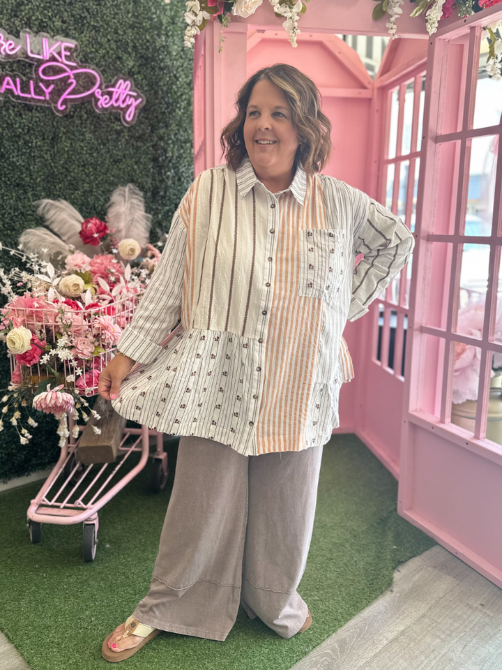 The Lia Button Down Top - Khaki Stripe