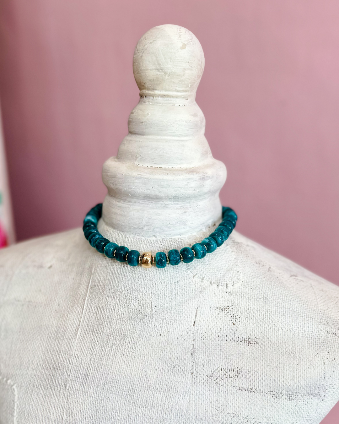 Chunky Beaded Resin Necklace - Teal &amp; Gold