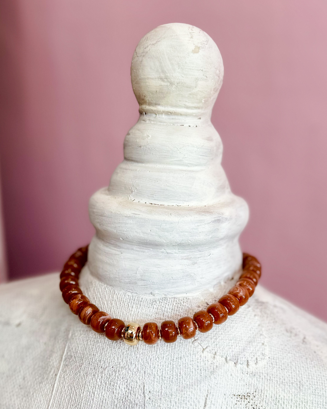 Chunky Beaded Resin Necklace - Amber &amp; Gold