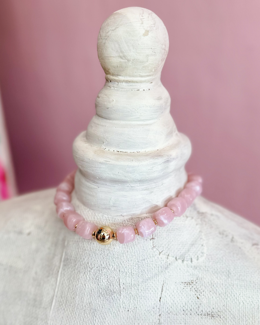 Square Chunky Beaded Resin Necklace - Blush &amp; Gold