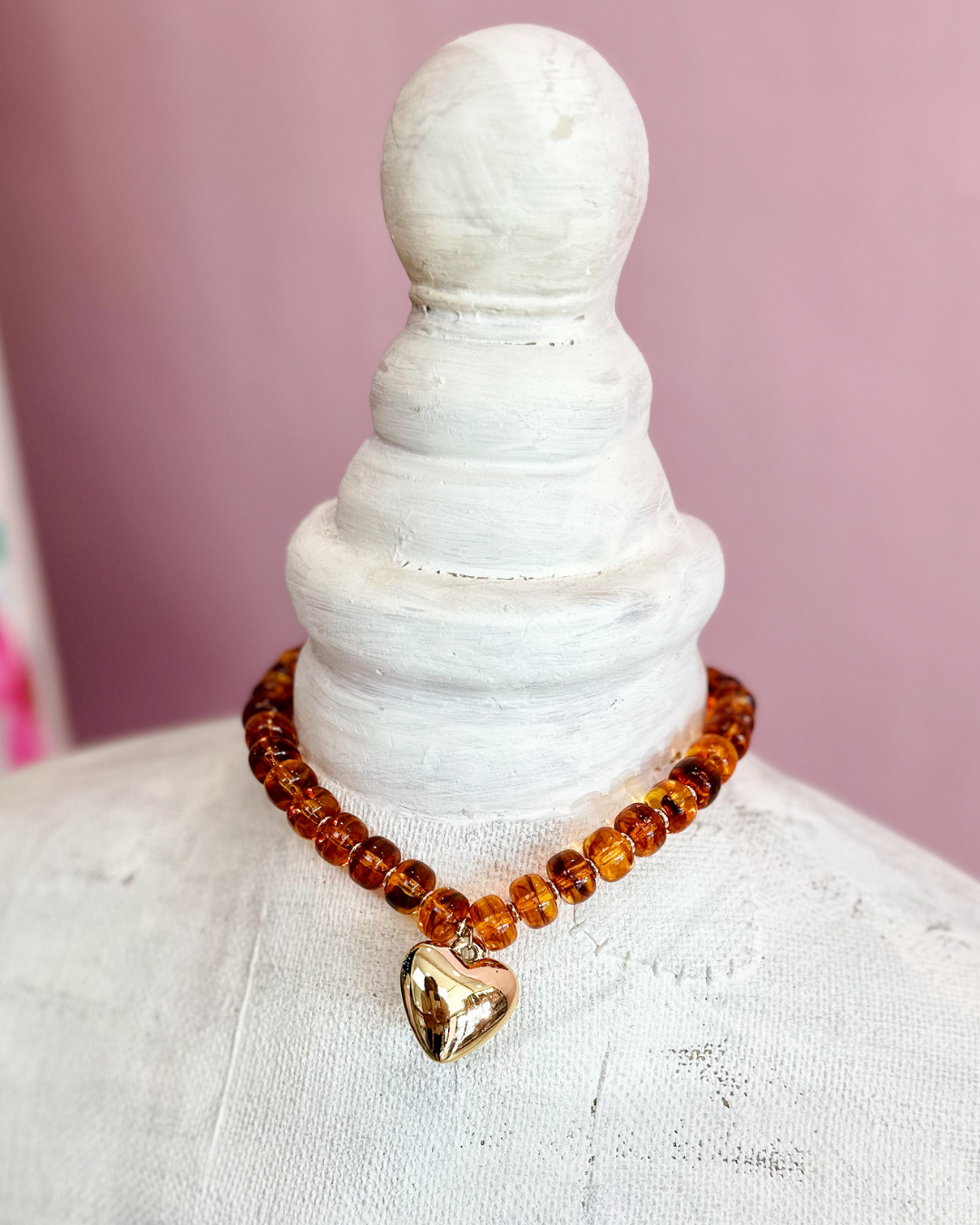Gold Heart Resin Beaded Necklace - Amber