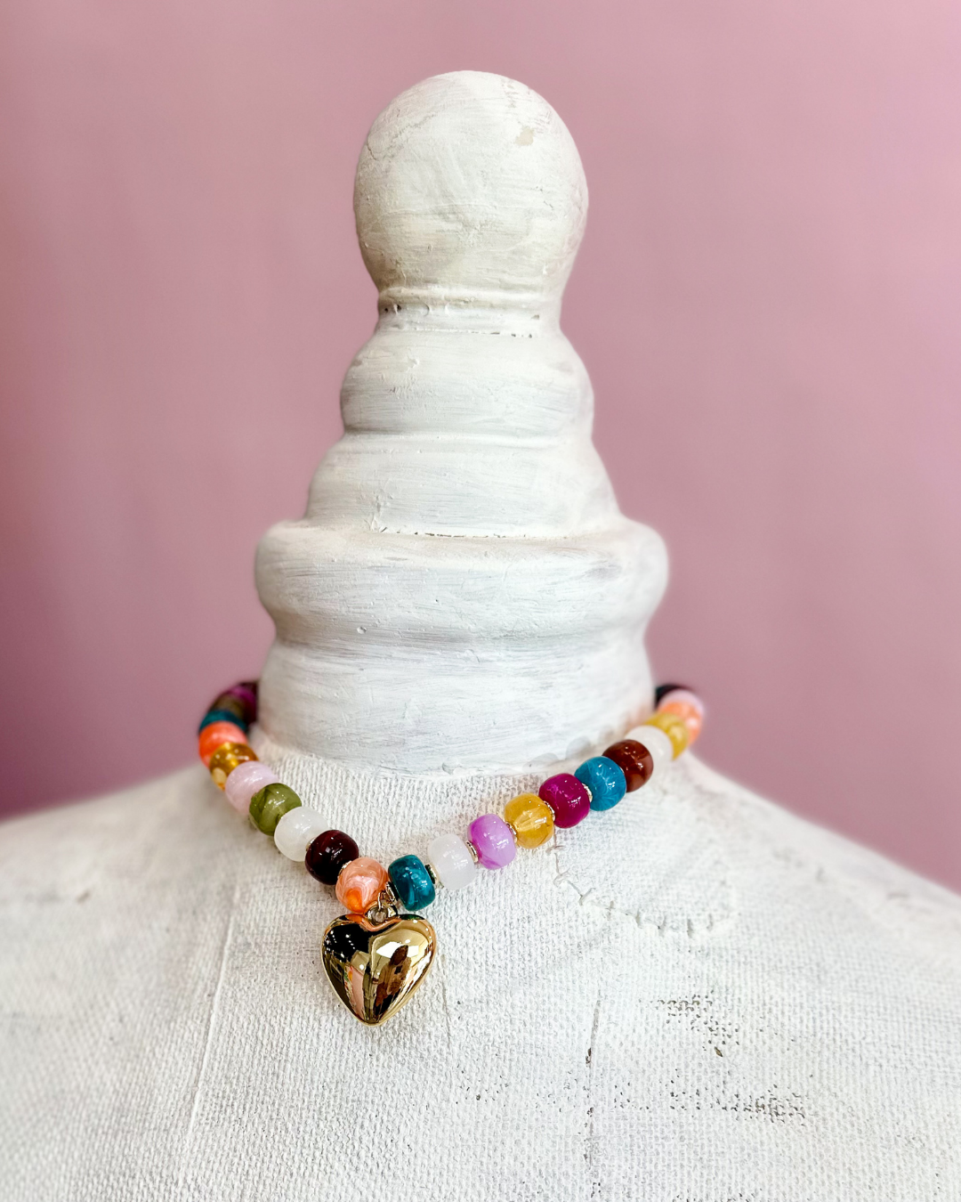 Gold Heart Resin Beaded Necklace - Multi Color