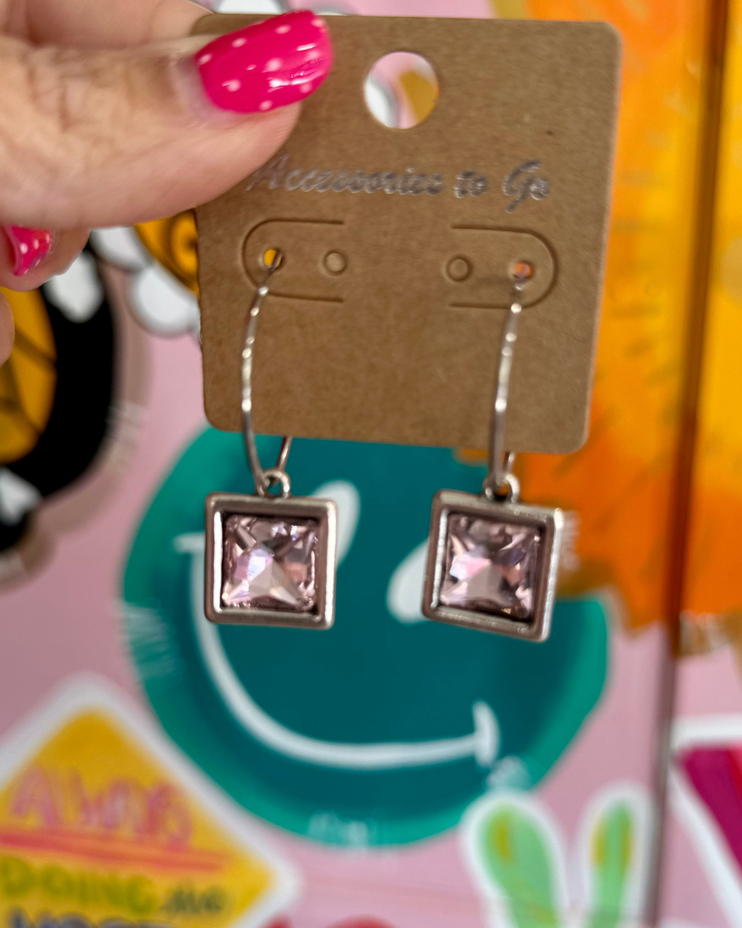 Square Gem Hinge Hoop - Light Pink &amp; Silver