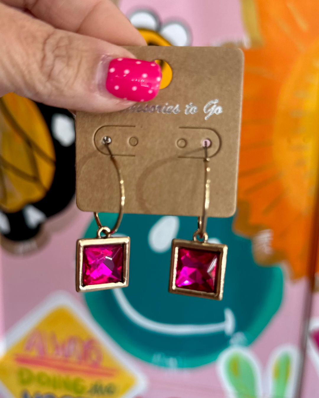 Square Gem Hinge Hoop - Hot Pink &amp; Gold