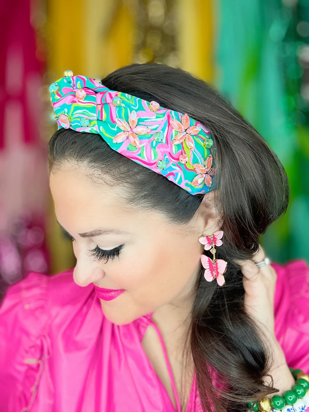 Brianna Cannon Headband - Bright Spring Floral & Pink Flower Crystals