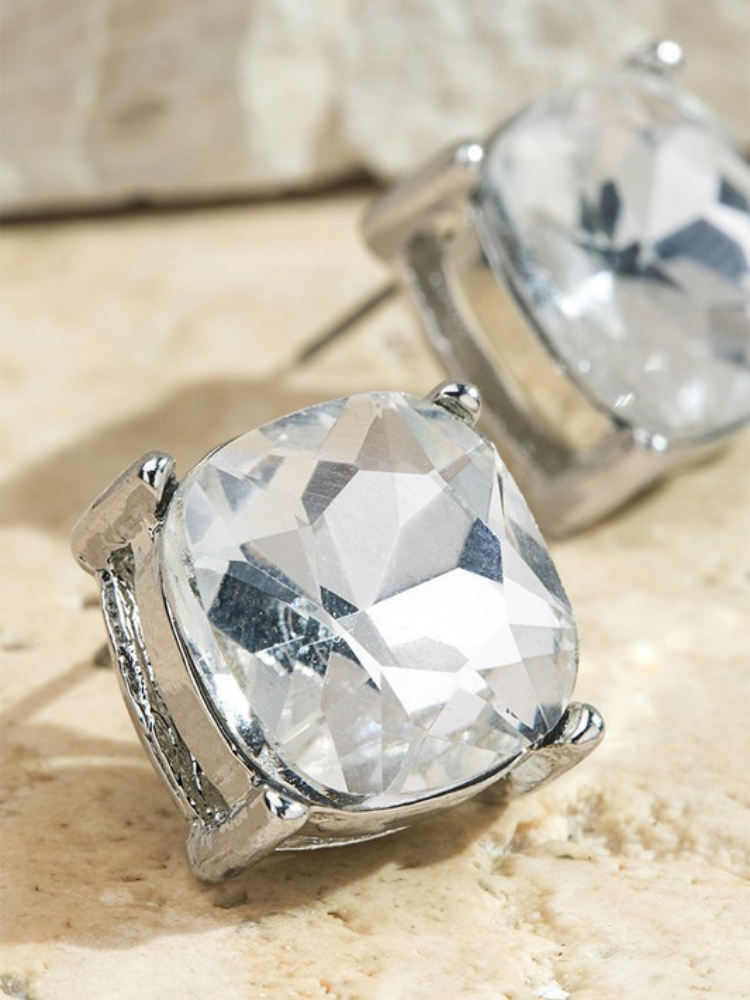 Silver Crystal Glass Stud Earrings