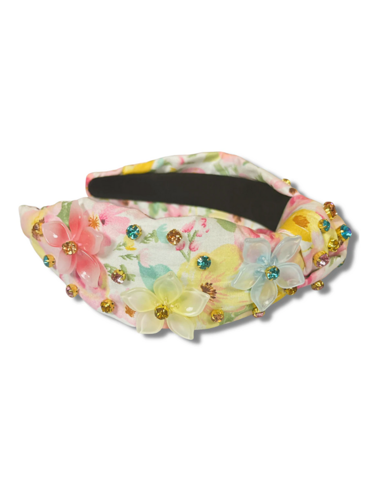 Brianna Cannon Spring Floral Headband with Beaded Flowers & Crystal