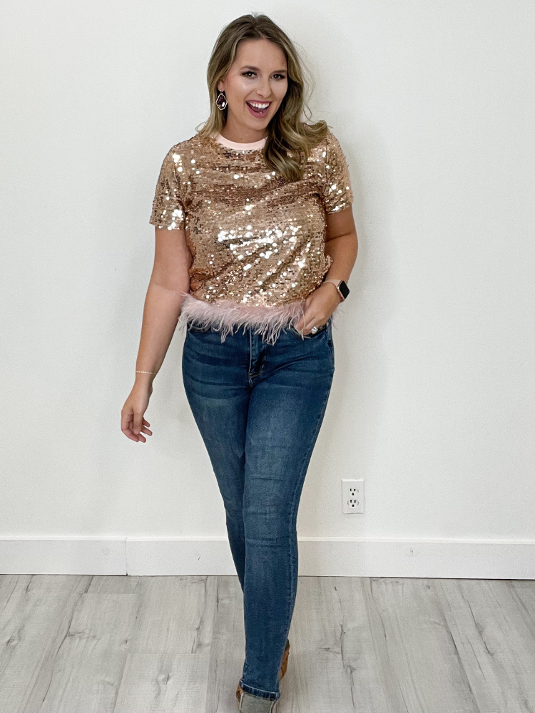Feathered Rose Sequins Top
