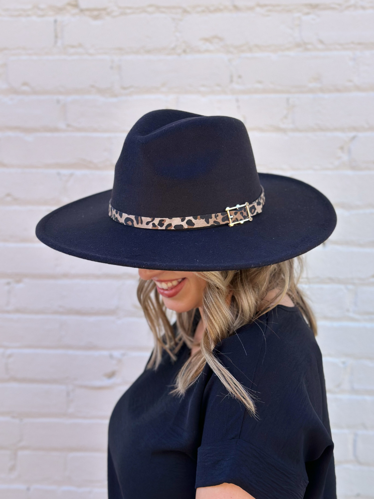 The Dandy Wide Brim Hat- Black With Leopard